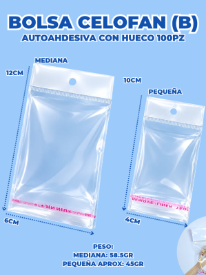 BOLSA CELOFAN (B) AUTOAHDESIVA CON HUECO 100PZ