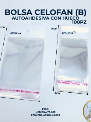 BOLSA CELOFAN (B) AUTOAHDESIVA CON HUECO 100PZ